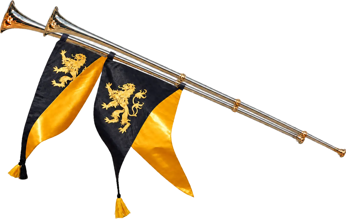 Zwei Heroldsfanfaren mit schwarz-goldenen Bannern und Löwenwappen